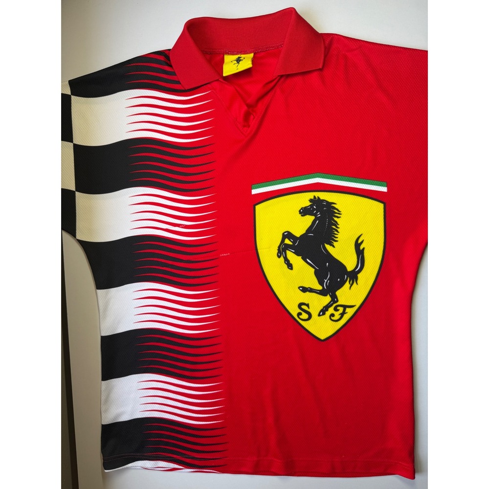 VTG 90s Ferrari Polo Shirt Nice Man Sports Red Medium Racing Checkered Flag